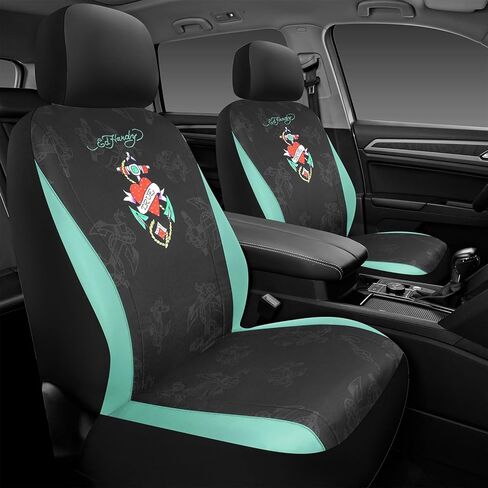 ED HARDY Heart Print Car Seat Covers, Mint Leather Patchwork Design Front Seat Covers, Airbag Compatible Seat Cover for Cars, Universal Fit Automotive Covers for Most Cars, Trucks & SUVs in Kuwait