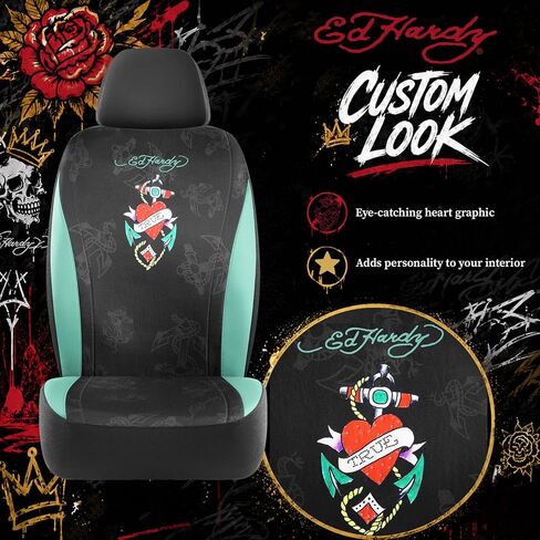 ED HARDY Heart Print Car Seat Covers, Mint Leather Patchwork Design Front Seat Covers, Airbag Compatible Seat Cover for Cars, Universal Fit Automotive Covers for Most Cars, Trucks & SUVs in Kuwait