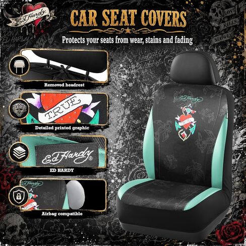 ED HARDY Heart Print Car Seat Covers, Mint Leather Patchwork Design Front Seat Covers, Airbag Compatible Seat Cover for Cars, Universal Fit Automotive Covers for Most Cars, Trucks & SUVs in Kuwait