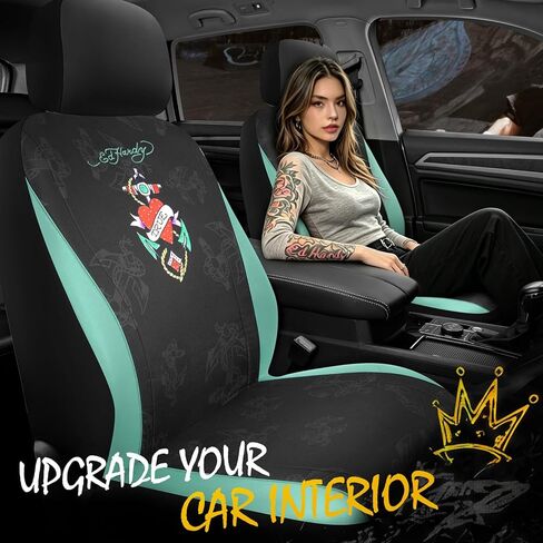 ED HARDY Heart Print Car Seat Covers, Mint Leather Patchwork Design Front Seat Covers, Airbag Compatible Seat Cover for Cars, Universal Fit Automotive Covers for Most Cars, Trucks & SUVs in Kuwait
