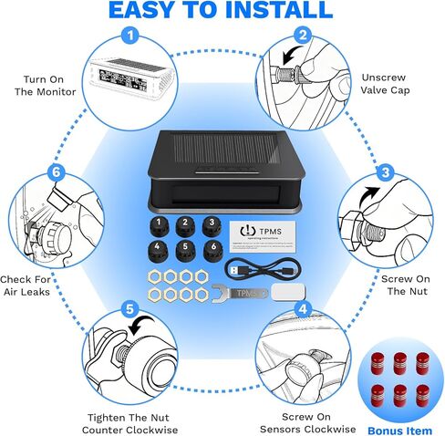 Tire Pressure Monitoring System for 4-Wheel SUV Pickup Truck, Real-Time Tire Monitoring System with Solar Charge, 0-99PSI, Wireless TPMS Sensors Set of 4 & 6 Alam Modes - With Extra 4 Tire Valve Caps in Saudi Arabia