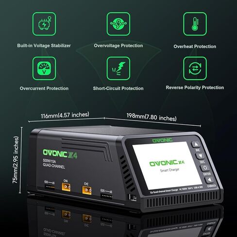 OVONIC X4 LiPo Balance Charger AC 500W 4-Channel Auto Power Allocation, 15A per Channel, LiPo/Li-Ion/LiHV/Life 1-6S, NiMH 3-18S, Safety Protections in Kuwait