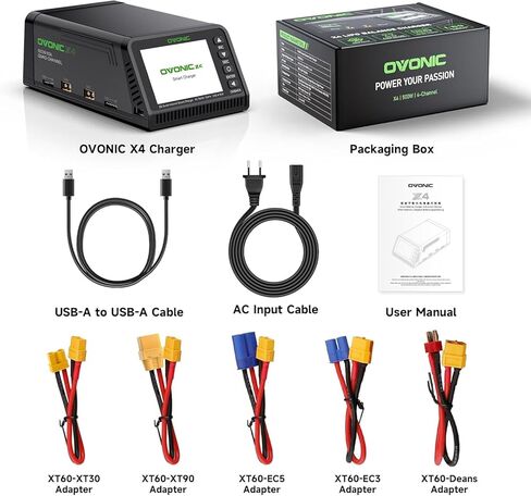 OVONIC X4 LiPo Balance Charger AC 500W 4-Channel Auto Power Allocation, 15A per Channel, LiPo/Li-Ion/LiHV/Life 1-6S, NiMH 3-18S, Safety Protections in Kuwait