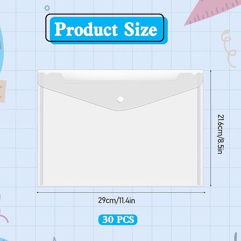 30 Pcs Clear Letter Sized Plastic-Envelopes, Clear Plastic Envelope with Snap Button Closure 8.5 x 11 Letter Size Envelopes Folder for Documents Home Office School in Kuwait
