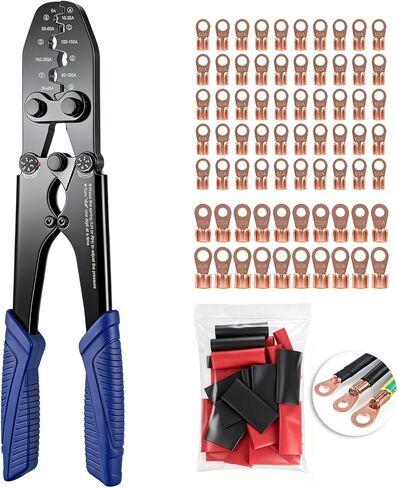 Battery Cable Lug Crimping Tool Kit (5A-200A), Heavy Duty Crimper for Open Slot Wire Lugs, with Open-End Copper Ring Terminals (OT 60A/100A/150A) & Dual-Wall Heat Shrink Tubing Assortment in Saudi Arabia
