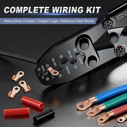 Battery Cable Lug Crimping Tool Kit (5A-200A), Heavy Duty Crimper for Open Slot Wire Lugs, with Open-End Copper Ring Terminals (OT 60A/100A/150A) & Dual-Wall Heat Shrink Tubing Assortment in Saudi Arabia