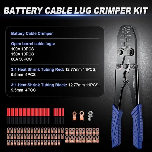Battery Cable Lug Crimping Tool Kit (5A-200A), Heavy Duty Crimper for Open Slot Wire Lugs, with Open-End Copper Ring Terminals (OT 60A/100A/150A) & Dual-Wall Heat Shrink Tubing Assortment in Saudi Arabia