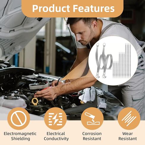 12Pcs Ground Strap Automotive, 10/15/20 Inch Engine Ground Strap & Braided Ground Strap Kit with Ring Terminals, Tinned Copper Vehicle Grounding Straps for Most Cars (Silver) in Kuwait