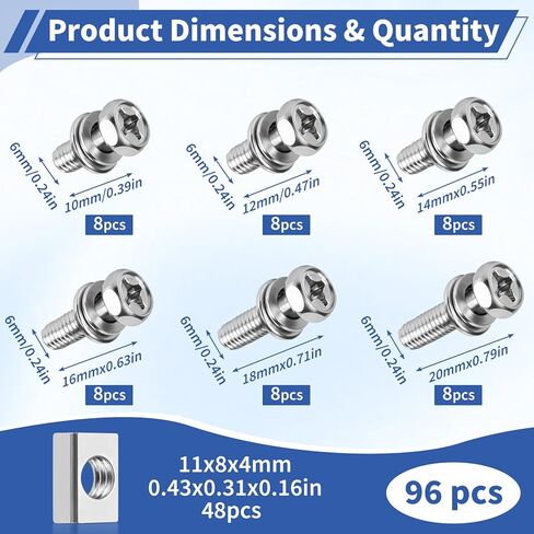 96 Pack Battery Terminal Bolts and Nuts Kit, M6x10/12/14/16/18/20mm 304 Stainless Steel Motorcycle Battery Bolts with Square Nut for ATV Bike Motorcycle Scooter in Kuwait