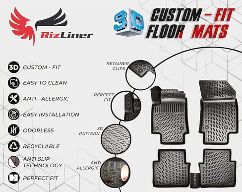 RizLiner Fiat 500 & 500C 2011-2019 Floor Mats Custom Fit Rubber 3D Car Mats Laser Measured Floor Liners All Weather Heavy Duty Waterproof Odorless Non-Slip TPE (Front & Rear, Black) in Kuwait