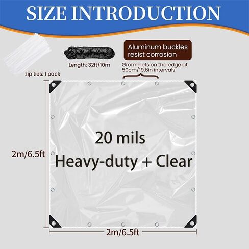 Clear Tarp 6.5x6.5ft Clear Tarps Heavy Duty Water Resistant,20Mil Thickened Transparent Tear Resistant PVC Vinyl Tarpaulin Enclosurewith Grommets and Reinforced Edges for Patio,Porch and Outdoor in Kuwait