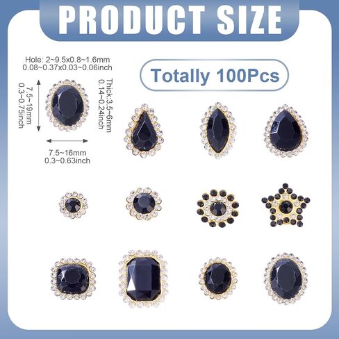 Pandahall 100Pcs Crystal Sew on Rhinestones Mixed Shapes Sew on Crystal Gems Teardrop Round Flat Back Glass Rhinestones with Gold Claw for DIY Concert Costumes Crafting (Dark Black) in Kuwait