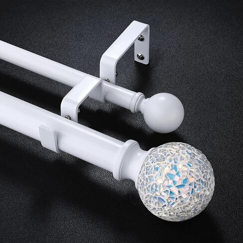 White Double Curtain Rod 72 to 144 Inch, Decorative Extra Long Dual Curtain Rod with Mosaic Glass Crystal Ball Finial, 1 Inch Adjustable Heavy Duty Cute Coastal Drapery Rods for Girls Room in Saudi Arabia