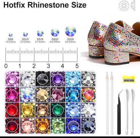 24 Colors Hotfix Rhinestones Kit, SS16 Glass Flatback Crystals for Clothes, Hats, Shoes & Crafts with 4 Tools, Tweezers, Wax, Pencil, Spoon hot fix kit(Color B) in Saudi Arabia