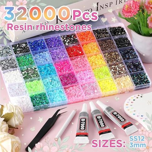 3mm Resin Jelly Rhinestones 32000 Pcs, 40 Colors Flatback Bedazzling Gems Kit with B7000 Glue for Nail Art, Shoes, Crafts, Diamond Art & DIY Projects in Saudi Arabia