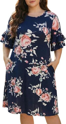 Nemidor Women's Ruffle Sleeve Jersey Knit Plus Size Casual Swing Dress with Pocket NEM179 in Saudi Arabia