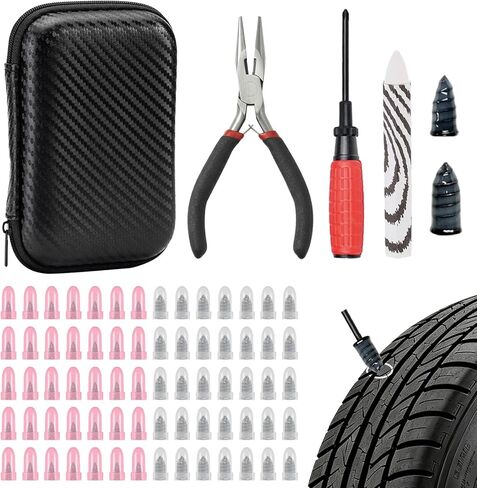 73 Pcs Tire Plug Kit, Screw in Tire Repair Rubber Nail Kit with Pliers, Screwdriver, Crayon, Quick Self-Service Emergency Repair Patch Tool for Automotive Car, Truck, Motorcycle Tubeless Tire Puncture in Kuwait