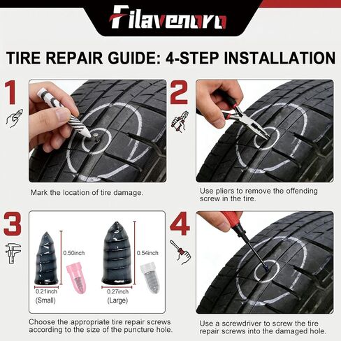 73 Pcs Tire Plug Kit, Screw in Tire Repair Rubber Nail Kit with Pliers, Screwdriver, Crayon, Quick Self-Service Emergency Repair Patch Tool for Automotive Car, Truck, Motorcycle Tubeless Tire Puncture in Kuwait