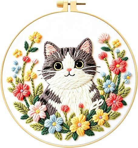 مجموعة تطريز Zhenqing Kitten للمبتدئين، قماش قطني مطبوع مسبقًا مقاس 29x29 سم مع طوق 20 سم، تصميم قطة لطيفة على شكل زهور لديكور المنزل (C0243) in Kuwait