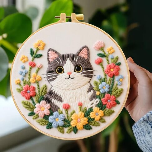 مجموعة تطريز Zhenqing Kitten للمبتدئين، قماش قطني مطبوع مسبقًا مقاس 29x29 سم مع طوق 20 سم، تصميم قطة لطيفة على شكل زهور لديكور المنزل (C0243) in Kuwait