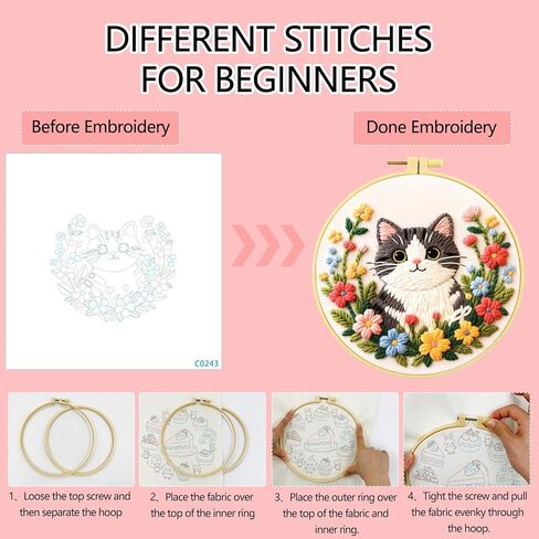 مجموعة تطريز Zhenqing Kitten للمبتدئين، قماش قطني مطبوع مسبقًا مقاس 29x29 سم مع طوق 20 سم، تصميم قطة لطيفة على شكل زهور لديكور المنزل (C0243) in Kuwait
