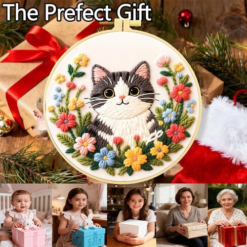مجموعة تطريز Zhenqing Kitten للمبتدئين، قماش قطني مطبوع مسبقًا مقاس 29x29 سم مع طوق 20 سم، تصميم قطة لطيفة على شكل زهور لديكور المنزل (C0243) in Kuwait
