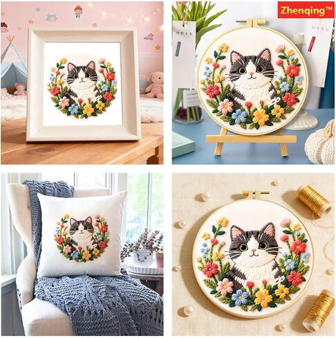 مجموعة تطريز Zhenqing Kitten للمبتدئين، قماش قطني مطبوع مسبقًا مقاس 29x29 سم مع طوق 20 سم، تصميم قطة لطيفة على شكل زهور لديكور المنزل (C0243) in Kuwait