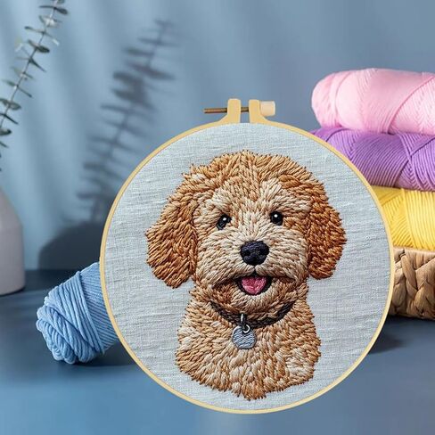 Punch Needle Kits Golden Doodle Dog Embroidery Starter Set with Hoop Easy for Beginners DIY Stress Relief Handmade Craft Hobby and Home Decor 20x20cm-3 in Saudi Arabia