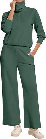 FANCYINN Women 2 Piece Outfits Quarter Zip Knit Top Wide Leg Sweatpants Matching Set Oversized Casual Lapel Sweatsuit in Saudi Arabia