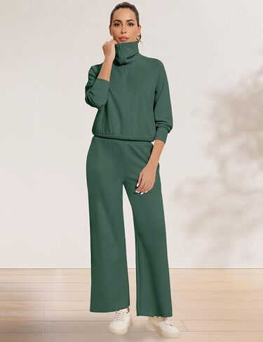 FANCYINN Women 2 Piece Outfits Quarter Zip Knit Top Wide Leg Sweatpants Matching Set Oversized Casual Lapel Sweatsuit in Saudi Arabia