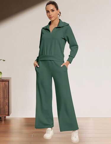 FANCYINN Women 2 Piece Outfits Quarter Zip Knit Top Wide Leg Sweatpants Matching Set Oversized Casual Lapel Sweatsuit in Saudi Arabia