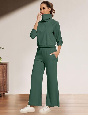 FANCYINN Women 2 Piece Outfits Quarter Zip Knit Top Wide Leg Sweatpants Matching Set Oversized Casual Lapel Sweatsuit in Saudi Arabia