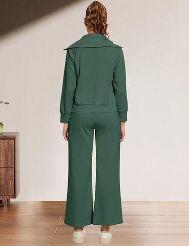 FANCYINN Women 2 Piece Outfits Quarter Zip Knit Top Wide Leg Sweatpants Matching Set Oversized Casual Lapel Sweatsuit in Saudi Arabia