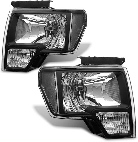 مجموعة المصابيح الأمامية متوافقة مع 2009-2014 Ford F150 OE Style Pickup Chrome غطاء كهرماني عاكس للمصابيح الأمامية للسائق وجانب الركاب (فقط لنماذج الهالوجين) in Kuwait