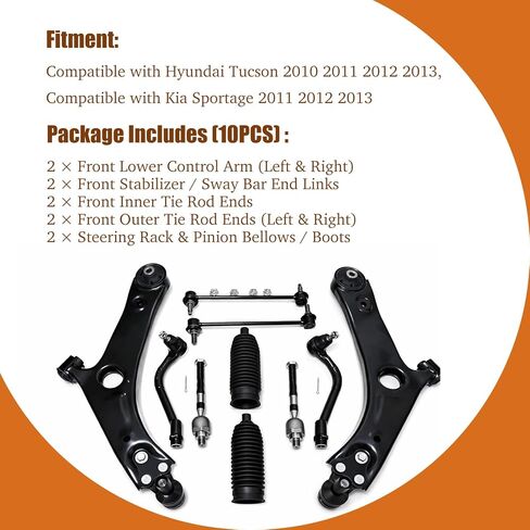 Front Lower Suspension & Steering Kit 10 PCS, Fit for Kia Sportage 2011-2013, for Hyundai Tucson 2010-2013, Control Arm with Ball Joint, Sway Bar Link, Inner & Outer Tie Rod End, Rack Bellows in Saudi Arabia