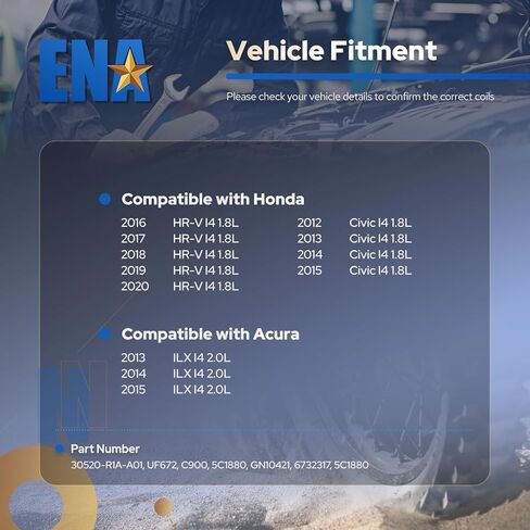 مجموعة ENA مكونة من 4 ملفات إشعال 1.8 2.0 L4 متوافقة مع Honda Acura Civic HRV ILX 2012 2013 2014 2015 2016 2017 2018 2019 2020 لفائف لـ 30520R1AA01 UF672 C900 5C1880 GN10421 6732317 in Kuwait