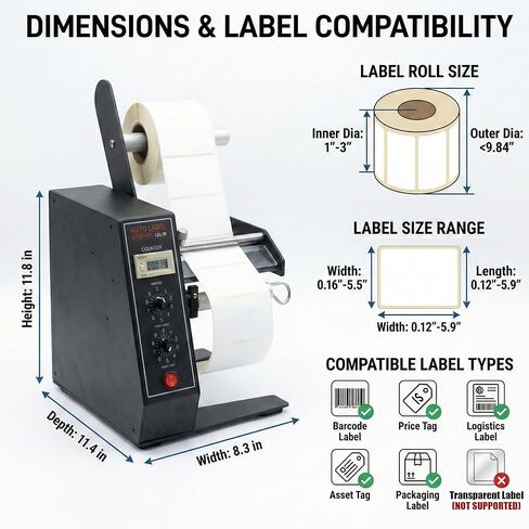 1150D Automatic Label Dispenser, 110V Electric Sticker Peeler with Intelligent Sensing & Auto Counting, 1-8m/min Adjustable Speed Labeling Machine for Multiple Rows, for Warehouse & Retail in Saudi Arabia