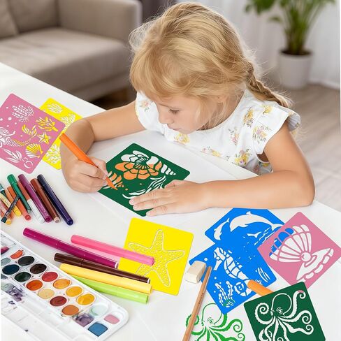 Stencils for Kids Ocean Creatures Stencils Templates Set Sea Life Mermaid Stencil for Girl Reusable Undersea Theme Drawing Stencil for Painting, Great Christmas Gift for Boy Girl in Saudi Arabia
