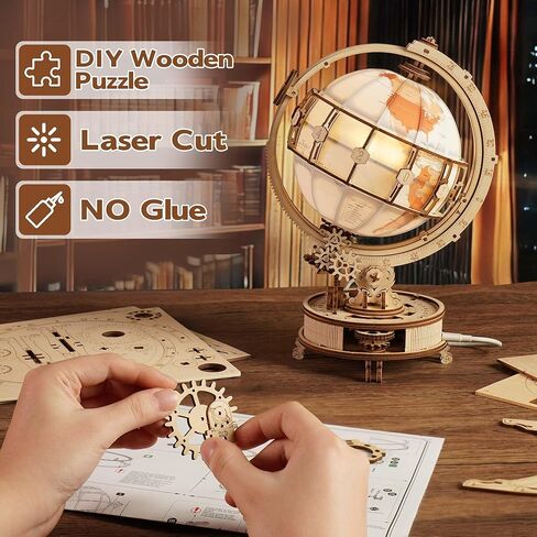 ROKR 3D Puzzle Globe with LED Light & Rotating Motor, 5-Hour Assembly Model, Educational Building Kit for Adults & Teens, Night Light Decoration in Saudi Arabia