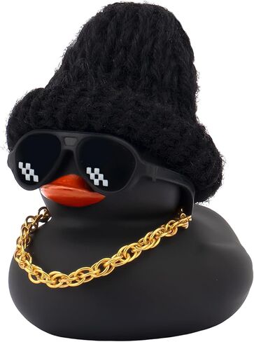 Wunuu Black Cool Hip-Hop المطاط بطة الشارع مع النظارات الشمسية الصغيرة قبعة متماسكة سلسلة ذهبية (بالدولار) in Kuwait