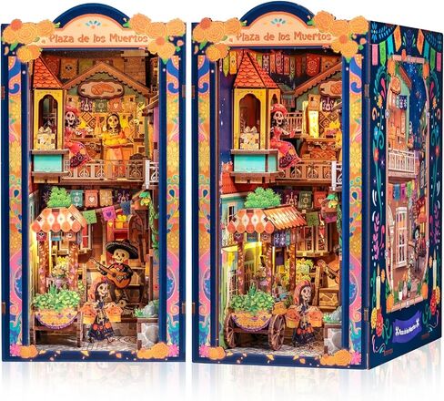 Cutefun DIY Book Nook Kits for Adults Mexican Art and Culture, Decorative Bookends for Bookshelf with LED Light & Dust Cover, 3D Wooden Puzzle Booknook for Teens Creative Gifts (Plaza de Los Muertos) in Saudi Arabia