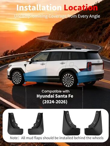 No Drill Mud Flaps for 2024-2026 Hyundai Santa Fe SUV, Heavy Duty Front & Rear All Weather Splash Guards Set for SE/SEL/XRT/Limited/Calligraphy/Hybrid Models, OEM-Style Black Mud Guards in Saudi Arabia