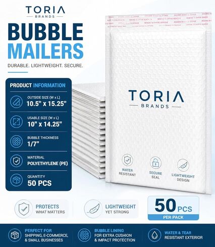 Toria Brands #5 Poly Bubble Mailers 10.5 x 15.25 50 حزمة مغلفات شحن مبطنة، ذاتية الغلق مقاومة للماء ومقاومة للتمزق للأعمال الصغيرة والملابس والكتب والتعبئة والتغليف in Kuwait