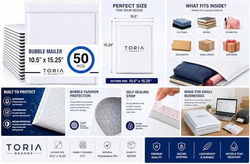 Toria Brands #5 Poly Bubble Mailers 10.5 x 15.25 50 حزمة مغلفات شحن مبطنة، ذاتية الغلق مقاومة للماء ومقاومة للتمزق للأعمال الصغيرة والملابس والكتب والتعبئة والتغليف in Kuwait