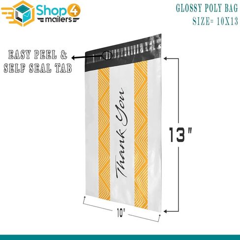 Shop4Mailers 10 × 13 أكياس بريدية بلاستيكية لامعة مزخرفة شكرًا لك، مظروف بريد شحن مقاوم للماء، 2 مل للملابس والملابس والقمصان والكتب - ختم لاصق دائم (100 حزمة) in Kuwait