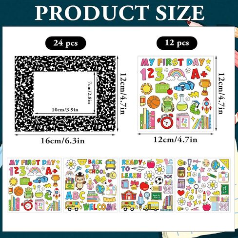 Whaline 24 حزمة العودة إلى المدرسة إطار الصورة مجموعات الحرفية مع ملصقات تكوين دفتر الكرتون DIY إطارات الصور الورقية لليوم الأول من المدرسة لصالح زخرفة الفصول الدراسية in Kuwait