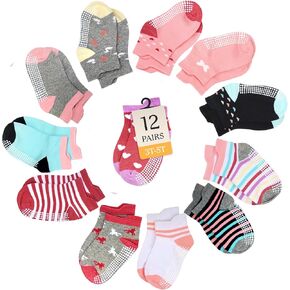 CozyWay Ankle Grip Socks for Girls, Hearts and Stripes, 6-12 Months Non-Slip Baby Socks with Soft Cotton Blend Comfortable, Flexible Fit Toddler Grippy Socks for Everyday Wear - 12 Pack in Kuwait
