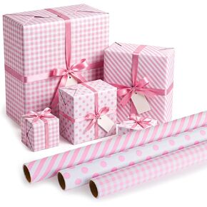woric Pink Wrapping Paper Roll - 3 Rolls - 17 In x 120 In Per Roll Gift Wrapping Paper with Pink Stripe Polka Dot Check Design for Girl's Birthday Baby Shower Wedding Anniversaries in Kuwait