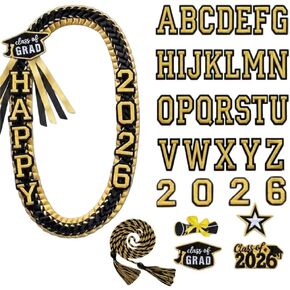 Graduation Lei Class of 2026 DIY Graduation Money Leis Embroidery Ribbon Necklace Accessories Congrats Grad Party Lei Decorations for High School and Collage (Black & Gold) in Kuwait