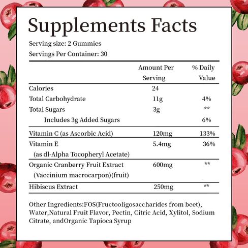 Cranberry Gummies - Urinary Tract Health for Women & Men, Chewable Cranberry Pills for Women + Vitamin C & E, Cranberry Gummies for Women with Hibiscus to Support Immune, 60 Counts in Saudi Arabia